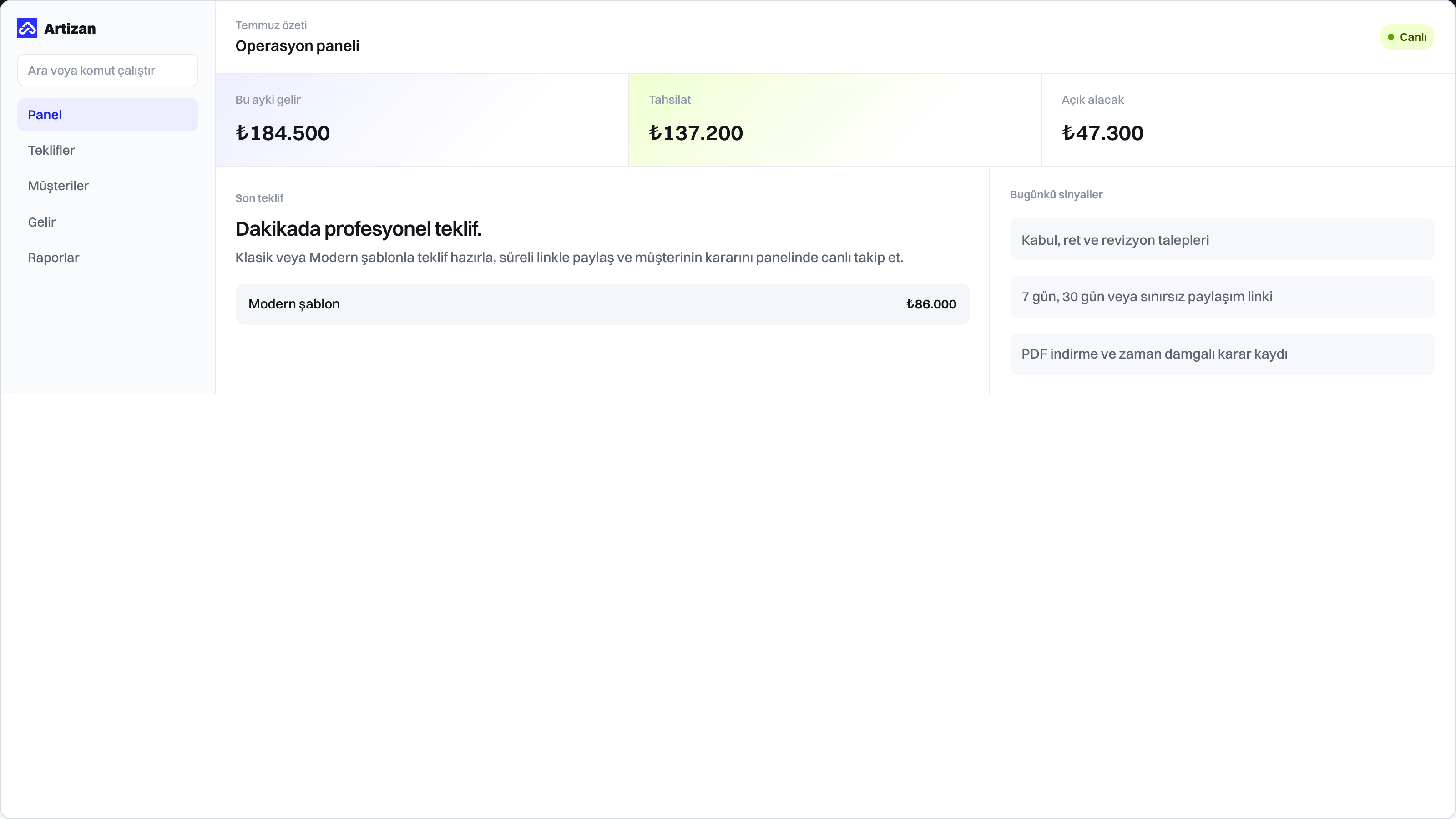 Artizan CRM panel ekran görüntüsü